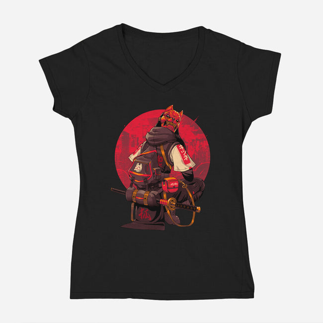 Red Kitsune Samurai-Womens-V-Neck-Tee-Bruno Mota