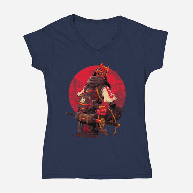 Red Kitsune Samurai-Womens-V-Neck-Tee-Bruno Mota