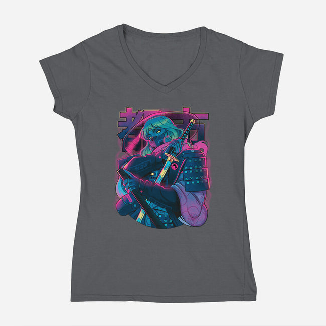 Cyber Neon Samurai-Womens-V-Neck-Tee-Bruno Mota