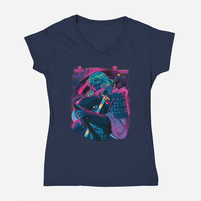 Cyber Neon Samurai-Womens-V-Neck-Tee-Bruno Mota