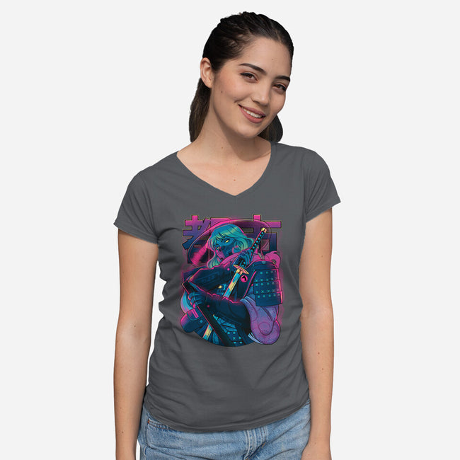 Cyber Neon Samurai-Womens-V-Neck-Tee-Bruno Mota