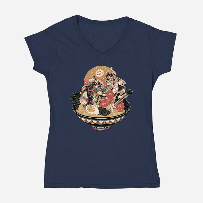 Noodle Fight-Womens-V-Neck-Tee-momma_gorilla