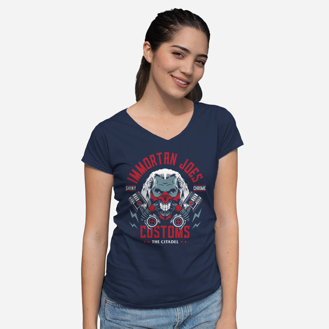 Immortan Joe's Customs-Womens-V-Neck-Tee-Woah Jonny