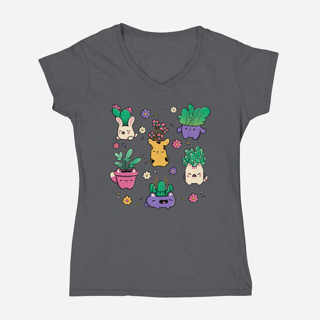 Happy Plants Kawaii-Womens-V-Neck-Tee-tobefonseca