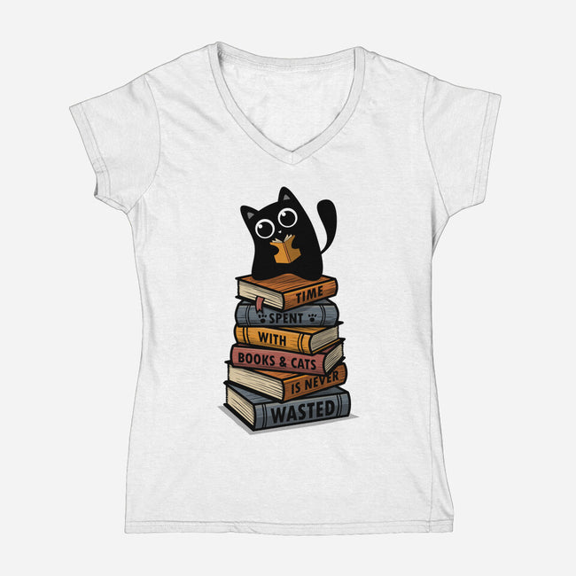 Time Spent With Books And Cats-Womens-V-Neck-Tee-erion_designs