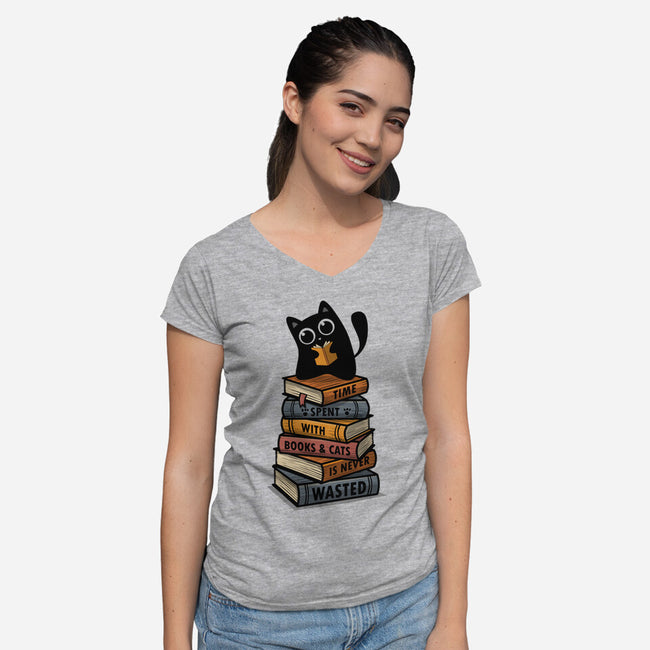 Time Spent With Books And Cats-Womens-V-Neck-Tee-erion_designs