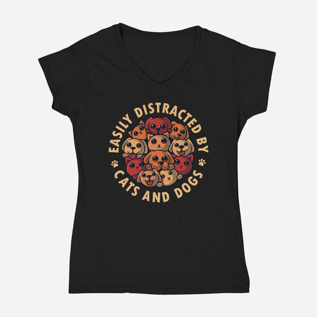 Easily Distracted By Cats And Dogs-Womens-V-Neck-Tee-erion_designs