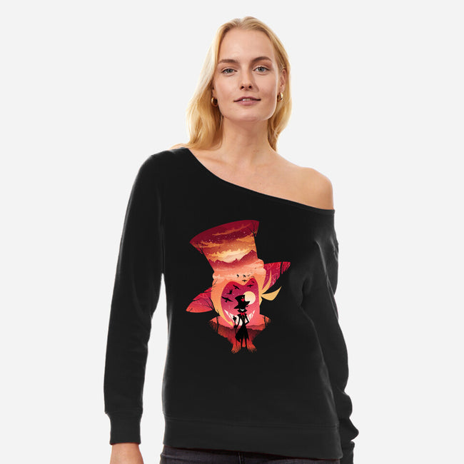 Lucifer Sunset-Womens-Off Shoulder-Sweatshirt-dandingeroz