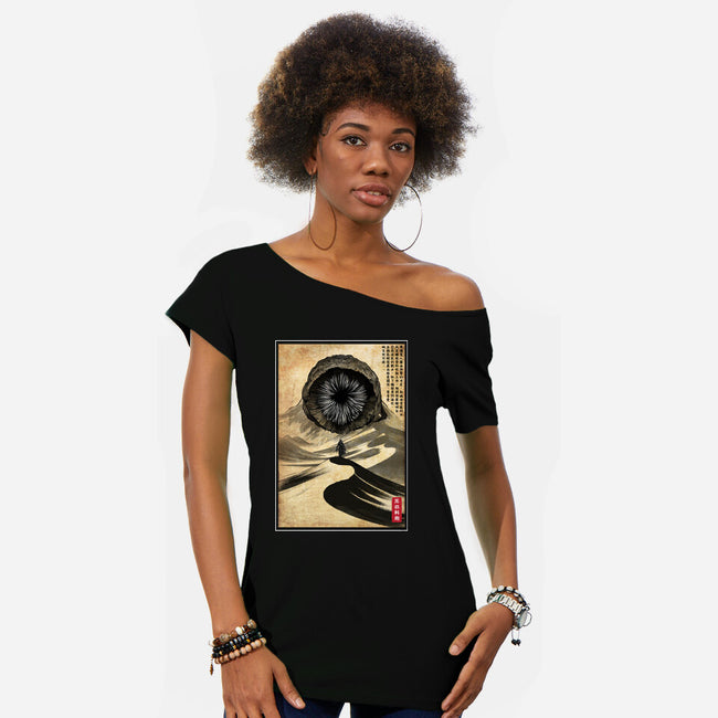 Dune Woodblock-Womens-Off Shoulder-Tee-DrMonekers