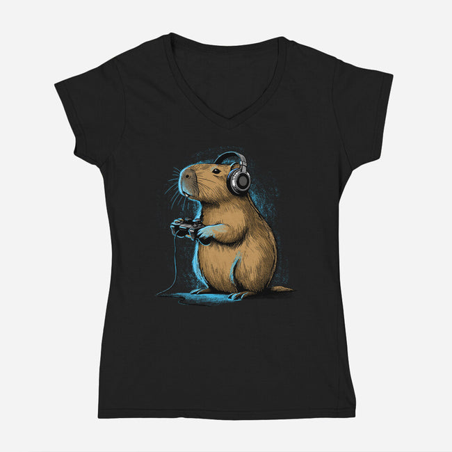 Capy-Gamer-Womens-V-Neck-Tee-GoshWow