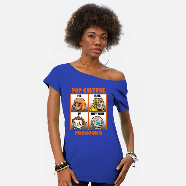 Pop Culture Pronouns-Womens-Off Shoulder-Tee-Boggs Nicolas