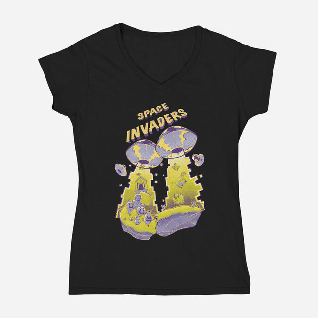 Space Invaders-Womens-V-Neck-Tee-Under Flame