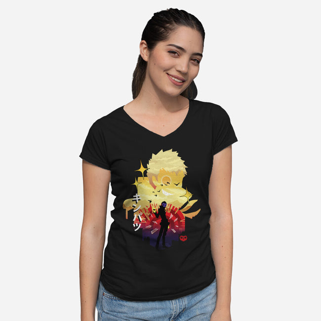 Skull Sunset-Womens-V-Neck-Tee-dandingeroz