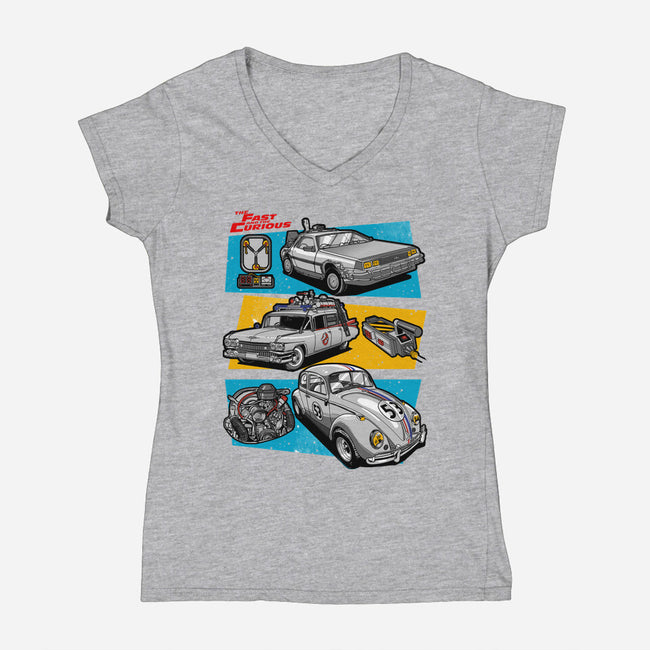 Fast And Curious Cars-Womens-V-Neck-Tee-Roni Nucleart