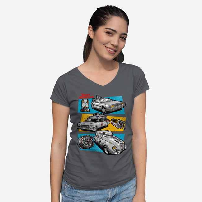 Fast And Curious Cars-Womens-V-Neck-Tee-Roni Nucleart