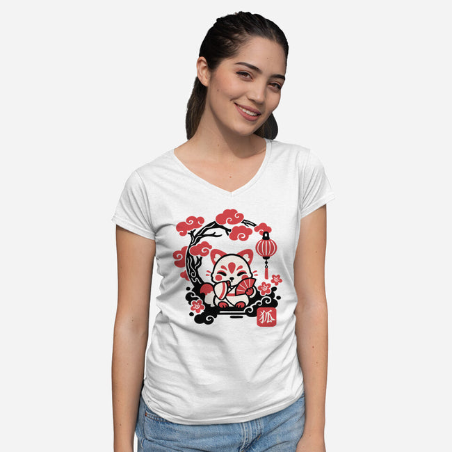 Kokeshi Kitsune-Womens-V-Neck-Tee-NemiMakeit