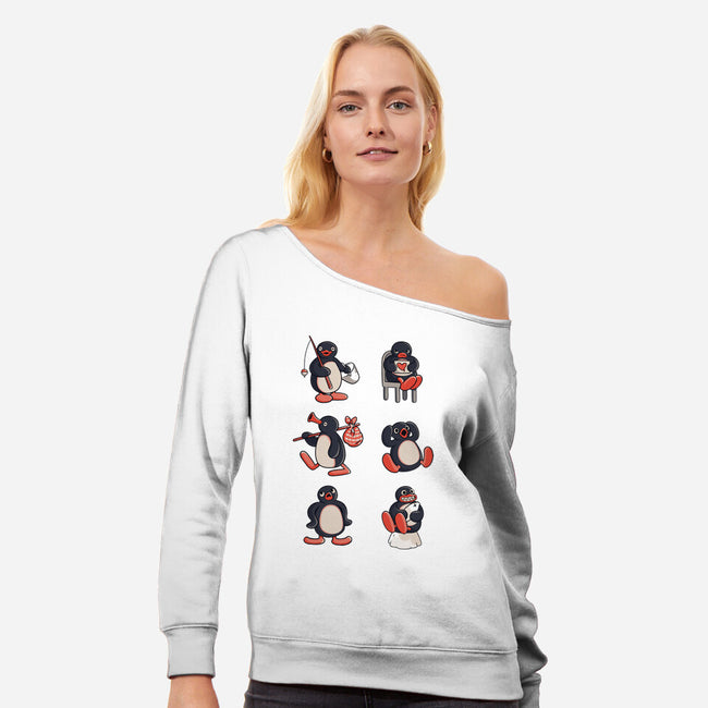 Penguin Moods-Womens-Off Shoulder-Sweatshirt-Arigatees