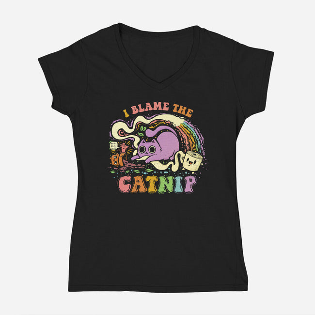 I Blame The Catnip-Womens-V-Neck-Tee-kg07