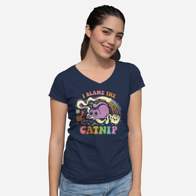 I Blame The Catnip-Womens-V-Neck-Tee-kg07