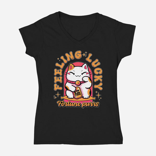 Fortune Purrs-Womens-V-Neck-Tee-Ca Mask