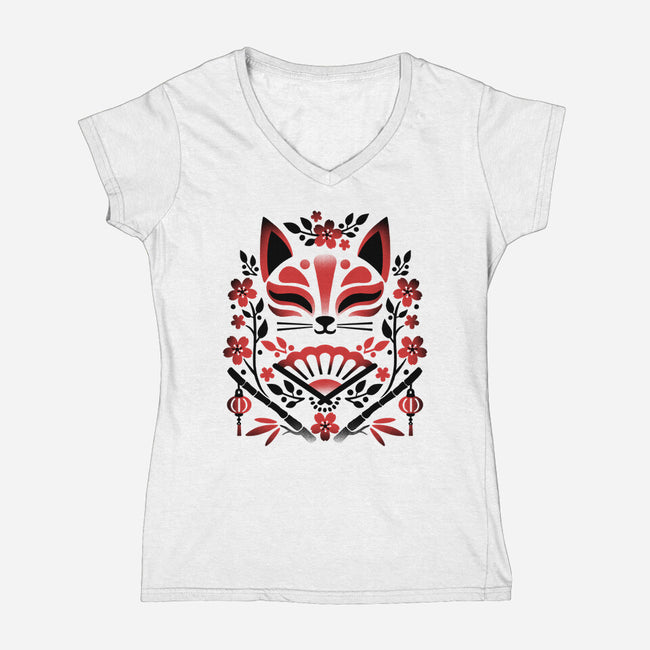 Kitsune Floral Symmetry-Womens-V-Neck-Tee-NemiMakeit