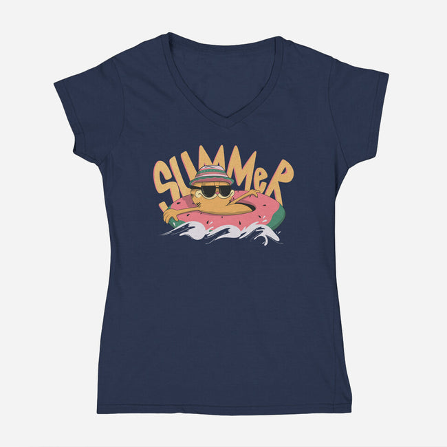 Summer Cat-Womens-V-Neck-Tee-OnlyColorsDesigns