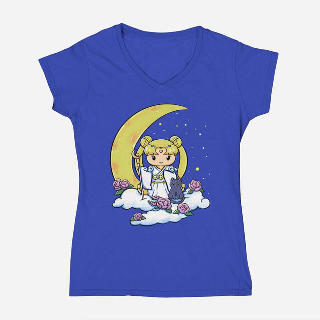 Kokeshi Moon Princess-Womens-V-Neck-Tee-ellr