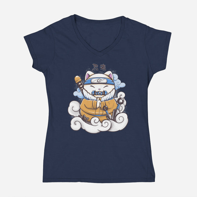 Ninja Maneki Neko-Womens-V-Neck-Tee-ellr