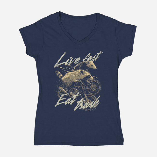 Raccoon Live Fast Eat Trash-Womens-V-Neck-Tee-GoshWow