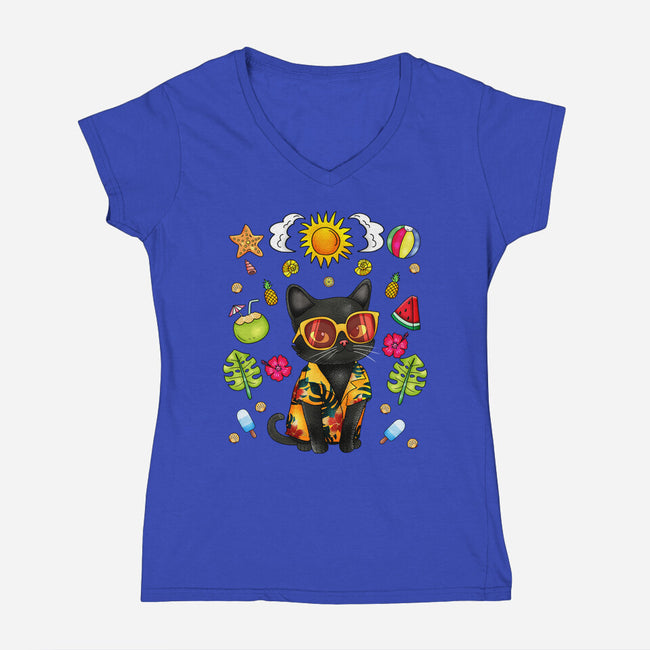 Summer Black Cat-Womens-V-Neck-Tee-JamesQJO