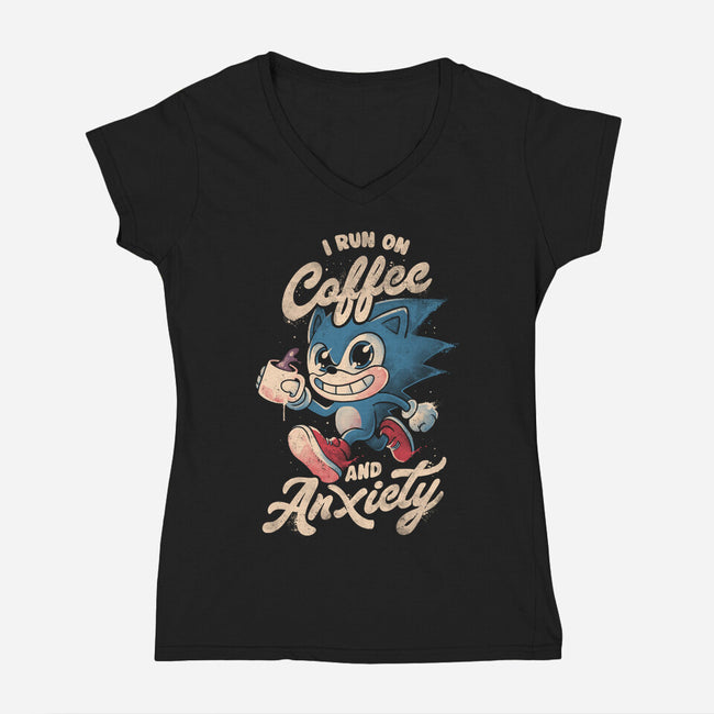 I Run On Coffee And Anxiety-Womens-V-Neck-Tee-eduely