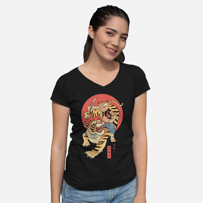 Tiger Cat Meowster-Womens-V-Neck-Tee-vp021