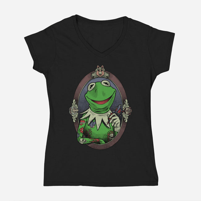 Tattoo Puppet Frog-Womens-V-Neck-Tee-Studio Mootant