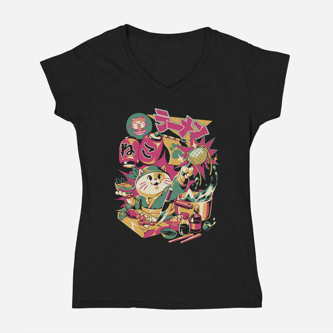 Neko Ramen Cat-Womens-V-Neck-Tee-ilustrata