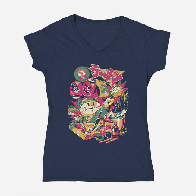 Neko Ramen Cat-Womens-V-Neck-Tee-ilustrata