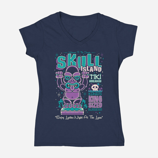 Skull Island Tiki-Womens-V-Neck-Tee-Nemons