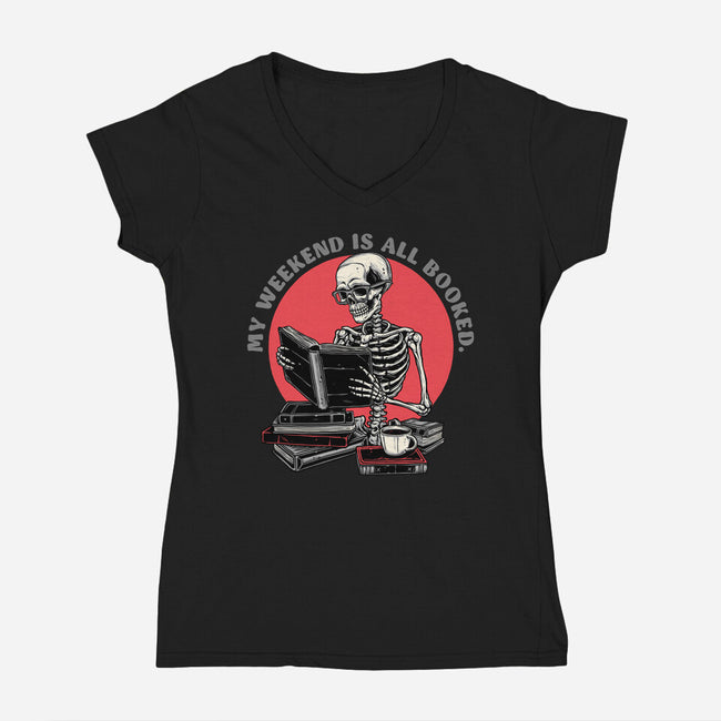 Weekend Reader-Womens-V-Neck-Tee-glitchygorilla