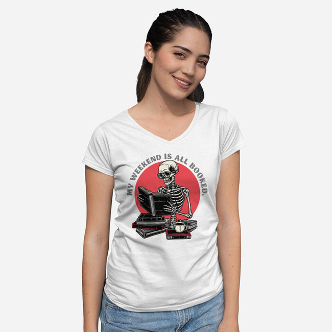 Weekend Reader-Womens-V-Neck-Tee-glitchygorilla