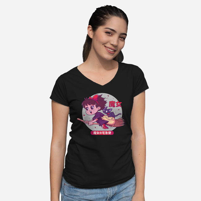 Kiki's Adventure-Womens-V-Neck-Tee-Ca Mask