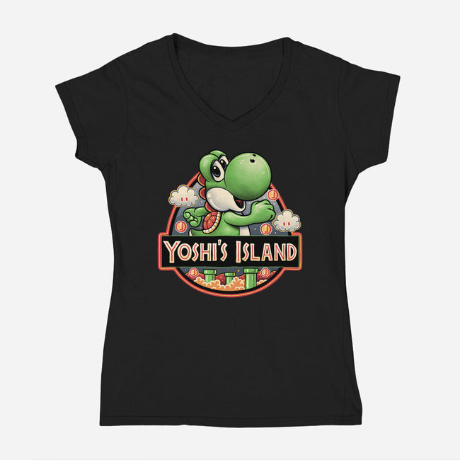 Green Dinosaur Island-Womens-V-Neck-Tee-glitchygorilla