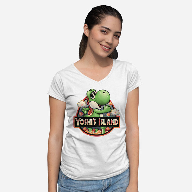 Green Dinosaur Island-Womens-V-Neck-Tee-glitchygorilla