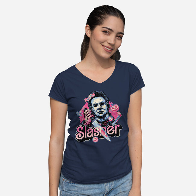 Slasher Love-Womens-V-Neck-Tee-glitchygorilla