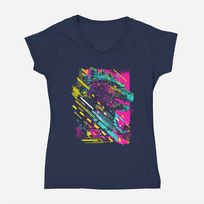 Synth Kaiju-Womens-V-Neck-Tee-kharmazero