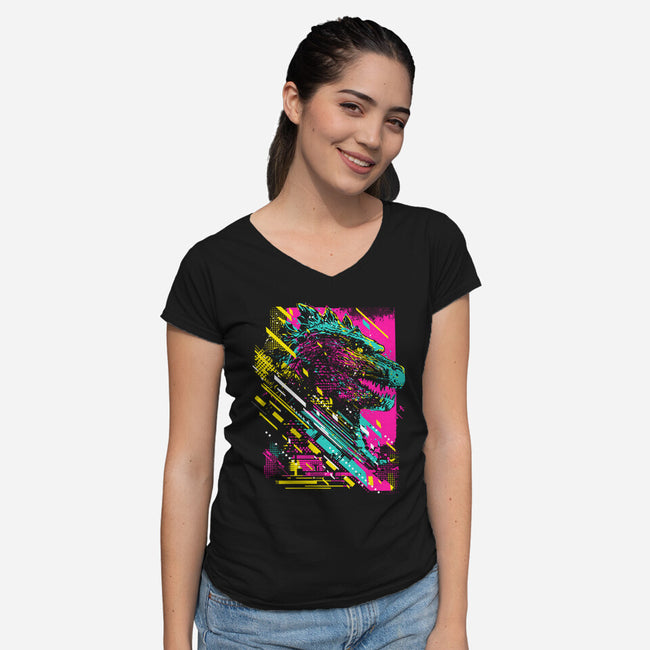 Synth Kaiju-Womens-V-Neck-Tee-kharmazero