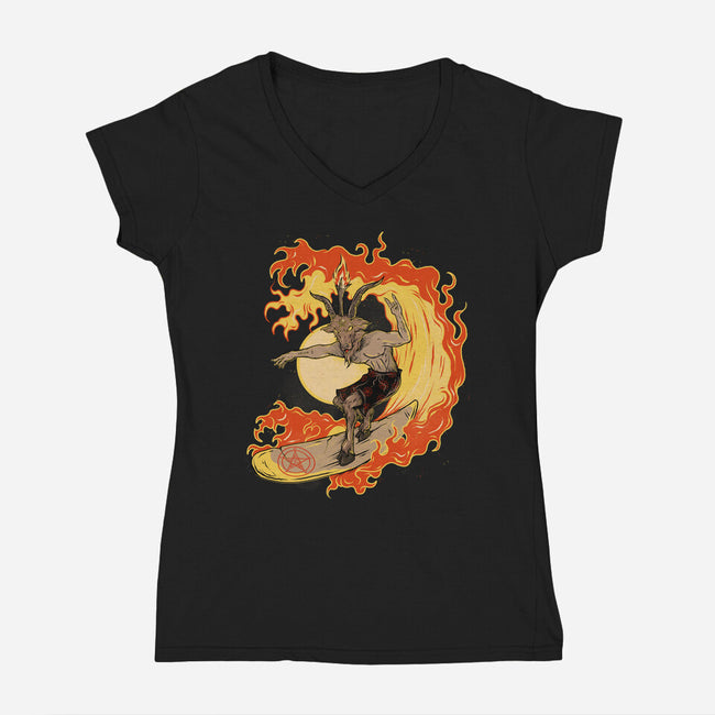 Surfing With The Devil-Womens-V-Neck-Tee-Green Devil