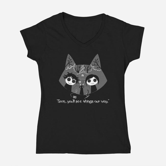 Button Eyes-Womens-V-Neck-Tee-naomori