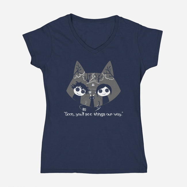 Button Eyes-Womens-V-Neck-Tee-naomori