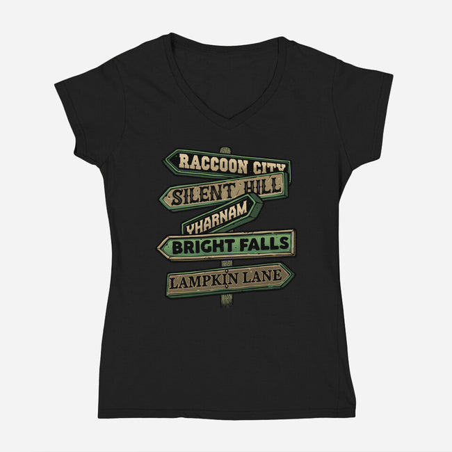 Spooky Towns-Womens-V-Neck-Tee-glitchygorilla