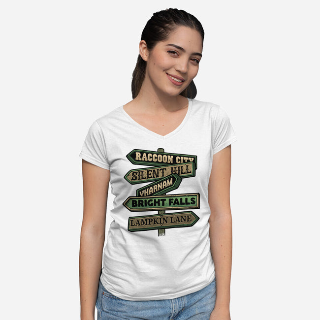 Spooky Towns-Womens-V-Neck-Tee-glitchygorilla