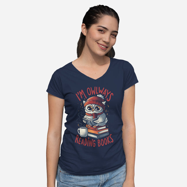 Owlways Reading Books-Womens-V-Neck-Tee-eduely